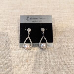 Sterling Silver Pearl and Cubic Zirconia CZ Earrings
